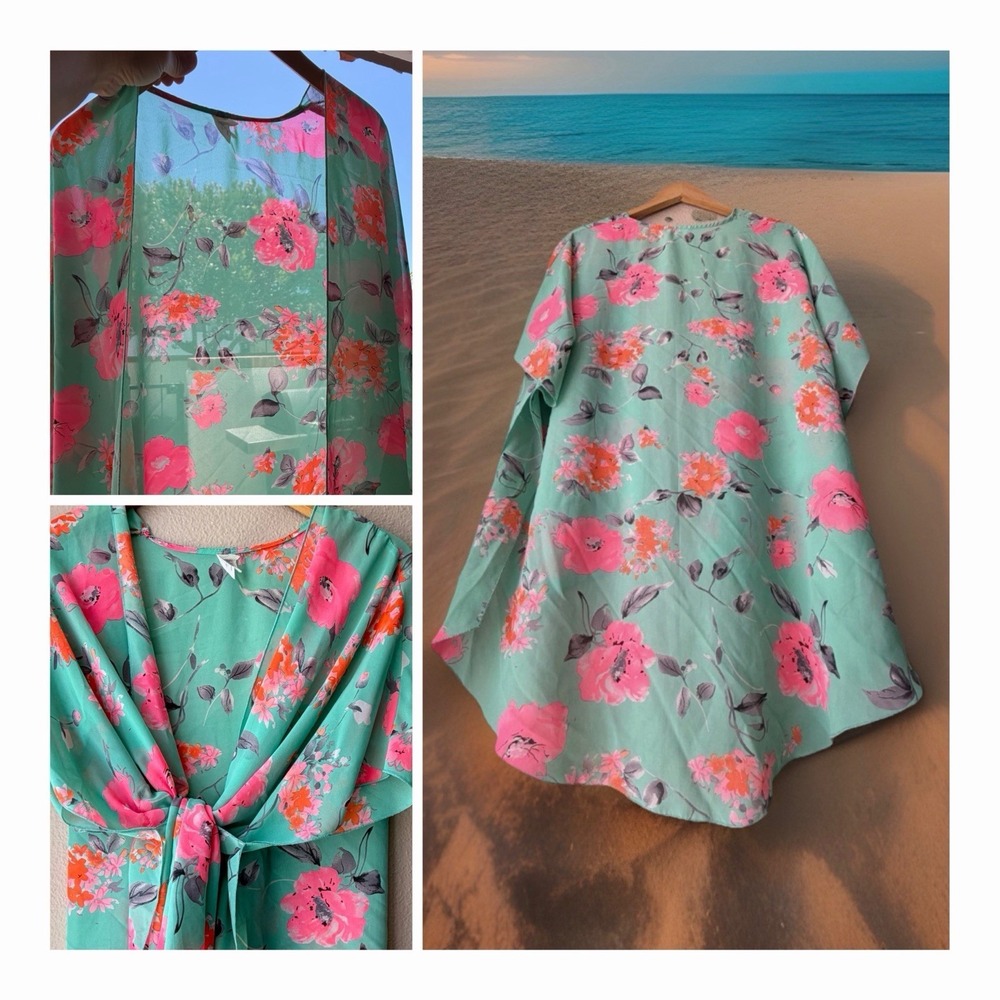 INTERI Floral Kimono Swim Cover Up S Oversized Mint Pink Sheer Beach Summer Boho